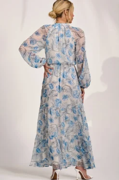 Long Sleeve Chiffon Tiered Maxi Dress, White Floral