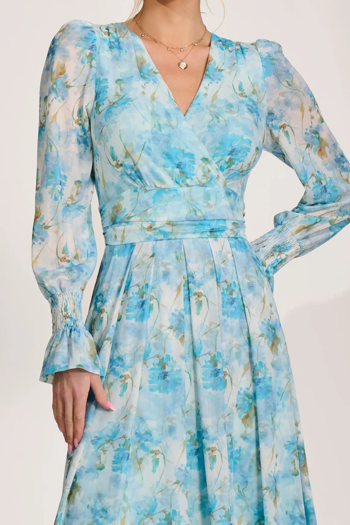 Long Sleeve Dip Hem Mesh Maxi Dress, Blue Floral