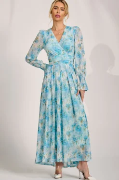 Long Sleeve Dip Hem Mesh Maxi Dress, Blue Floral