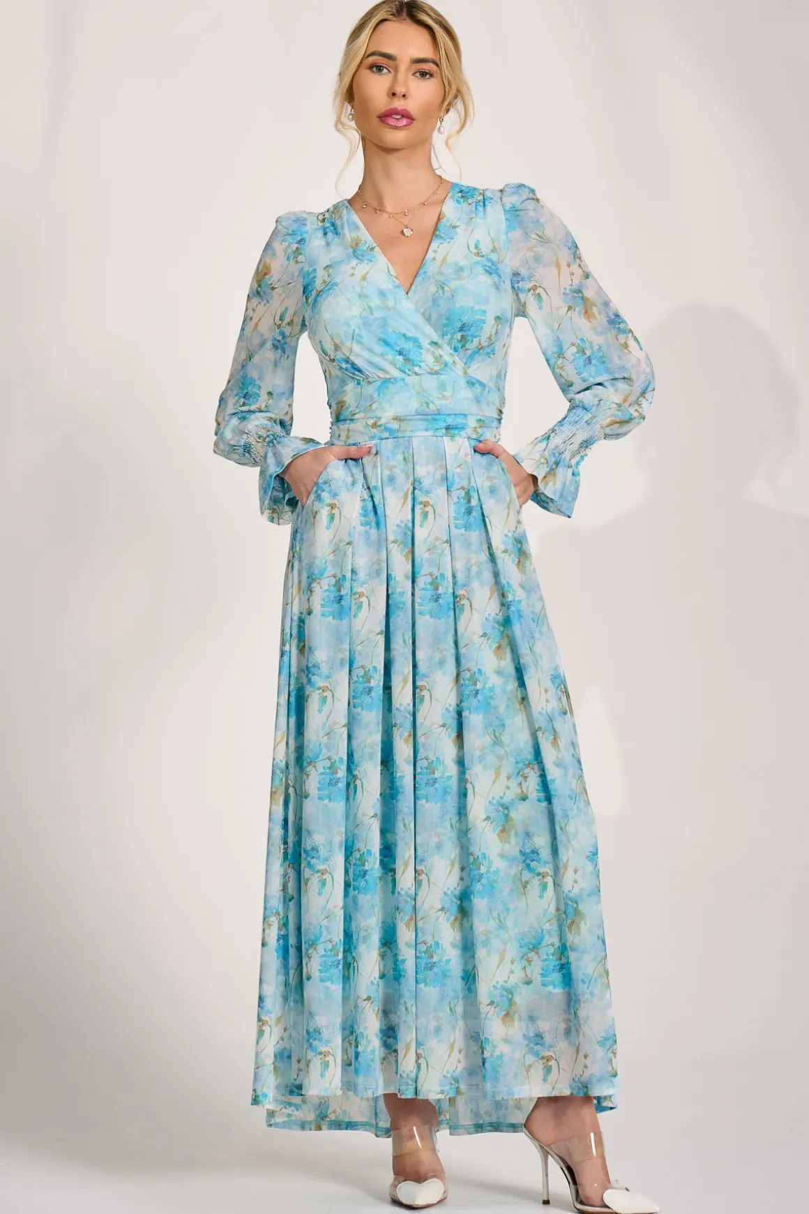 Long Sleeve Dip Hem Mesh Maxi Dress, Blue Floral