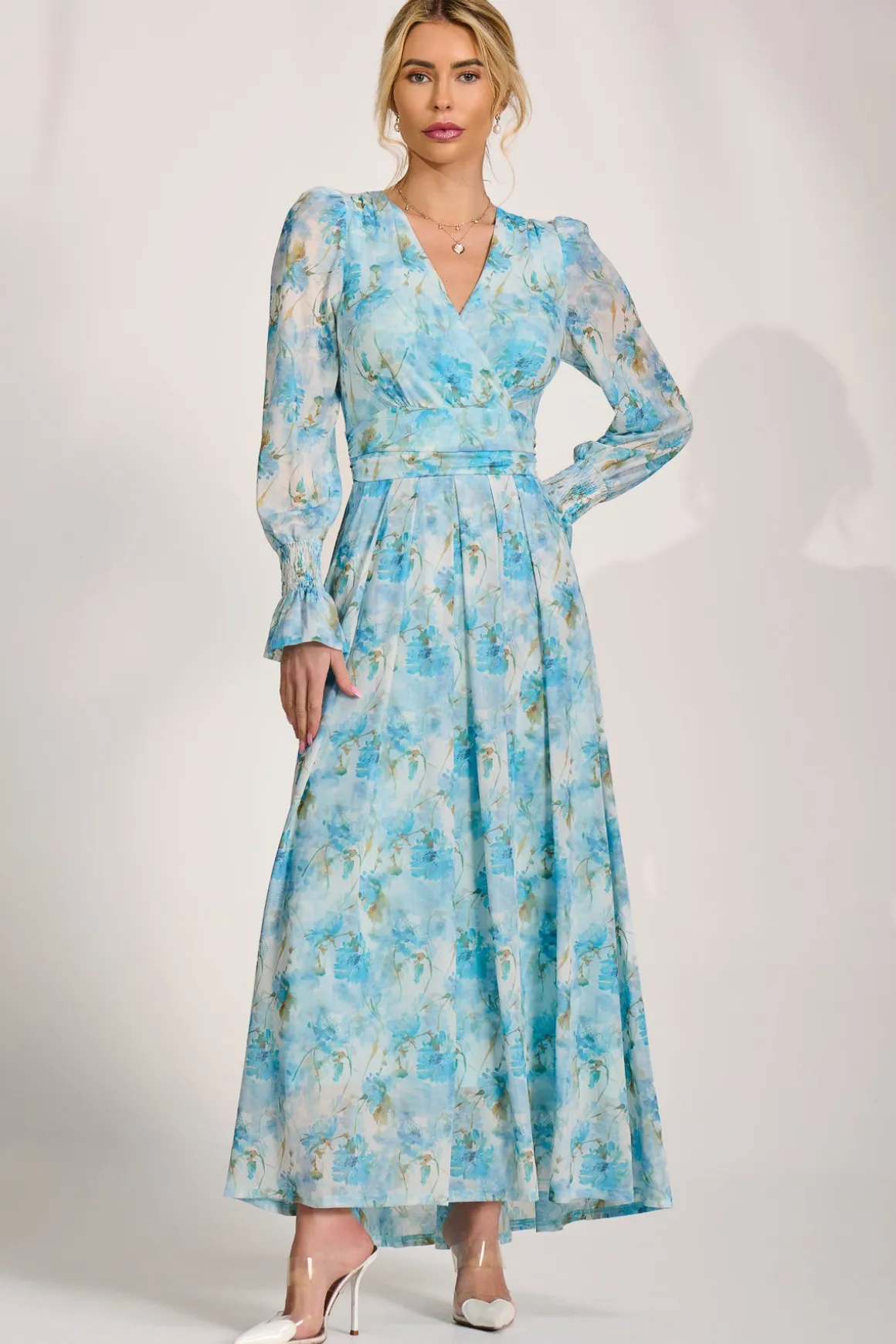 Long Sleeve Dip Hem Mesh Maxi Dress, Blue Floral