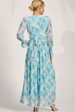 Long Sleeve Dip Hem Mesh Maxi Dress, Blue Floral