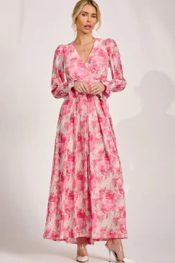 Long Sleeve Dip Hem Mesh Maxi Dress, Pink Floral