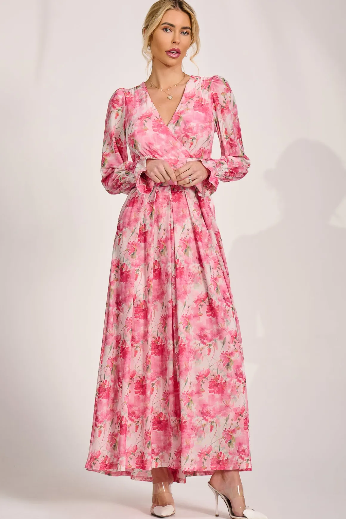 Long Sleeve Dip Hem Mesh Maxi Dress, Pink Floral