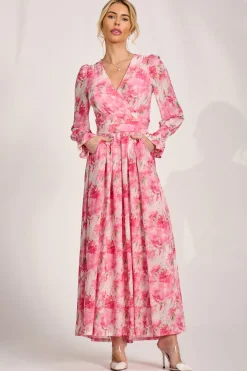 Long Sleeve Dip Hem Mesh Maxi Dress, Pink Floral