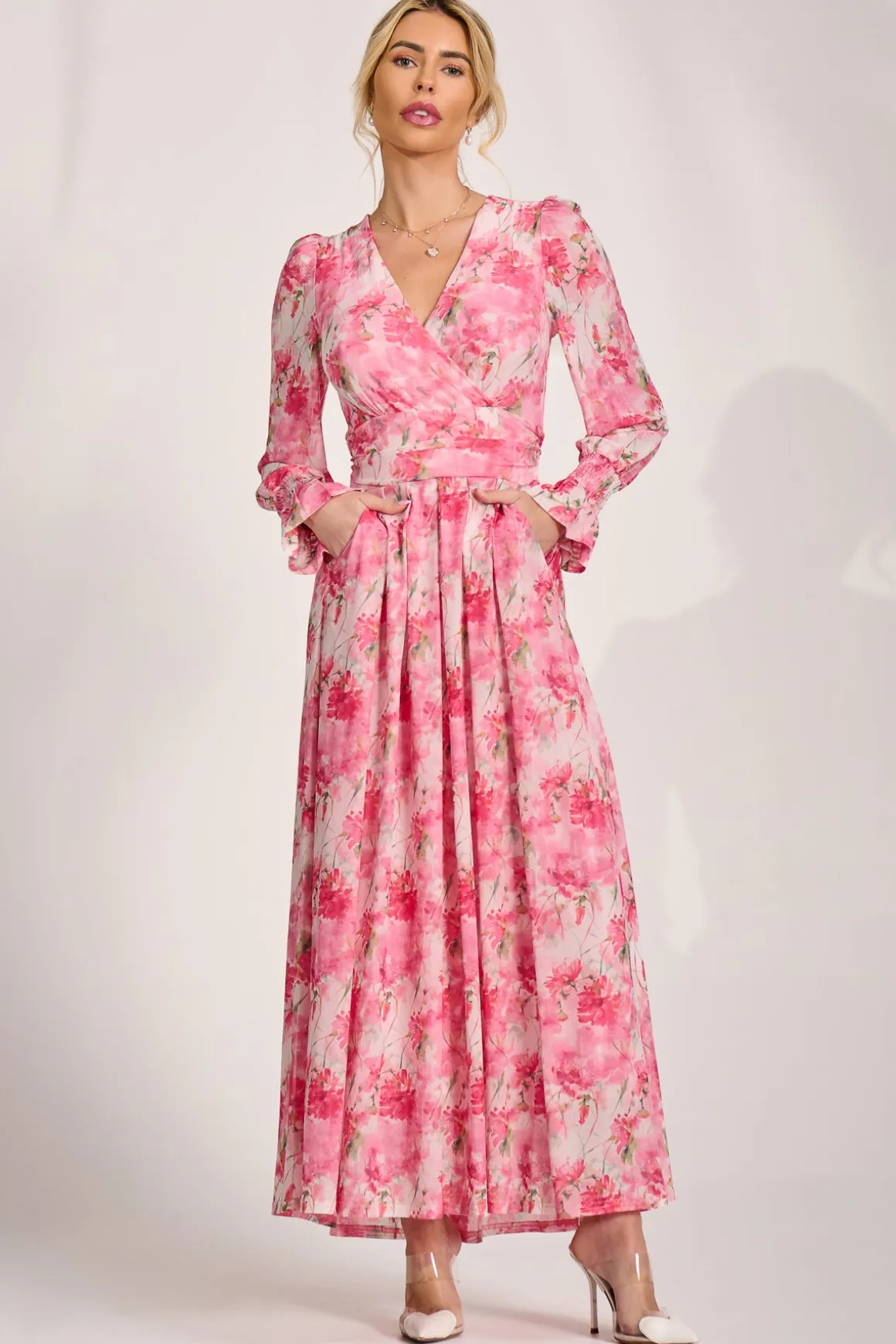 Long Sleeve Dip Hem Mesh Maxi Dress, Pink Floral