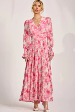 Long Sleeve Dip Hem Mesh Maxi Dress, Pink Floral