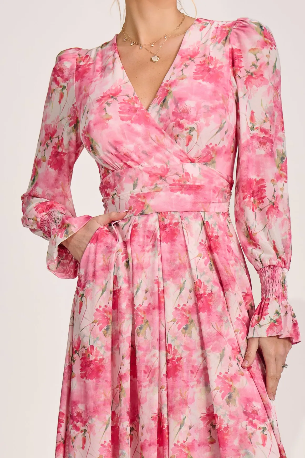 Long Sleeve Dip Hem Mesh Maxi Dress, Pink Floral