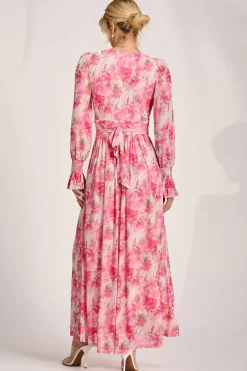 Long Sleeve Dip Hem Mesh Maxi Dress, Pink Floral