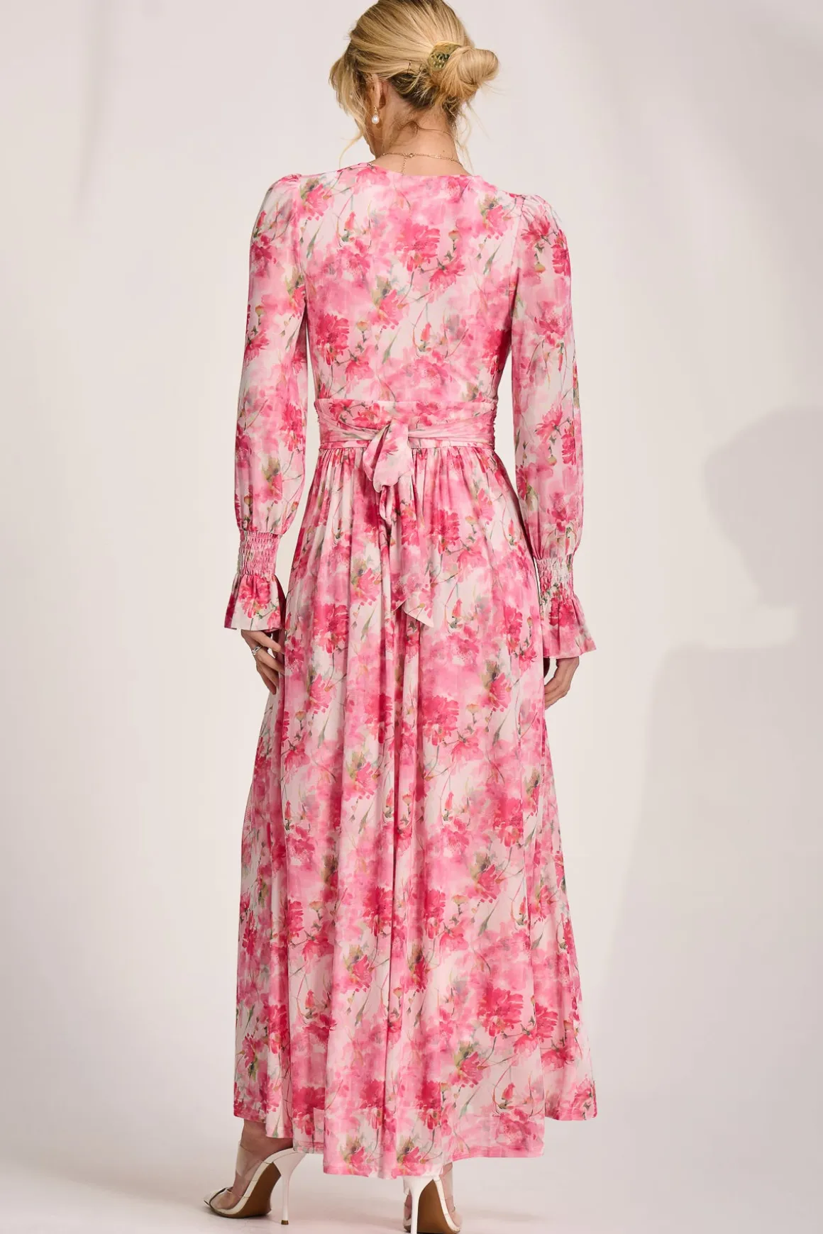 Long Sleeve Dip Hem Mesh Maxi Dress, Pink Floral