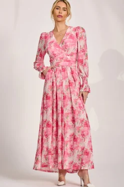 Long Sleeve Dip Hem Mesh Maxi Dress, Pink Floral
