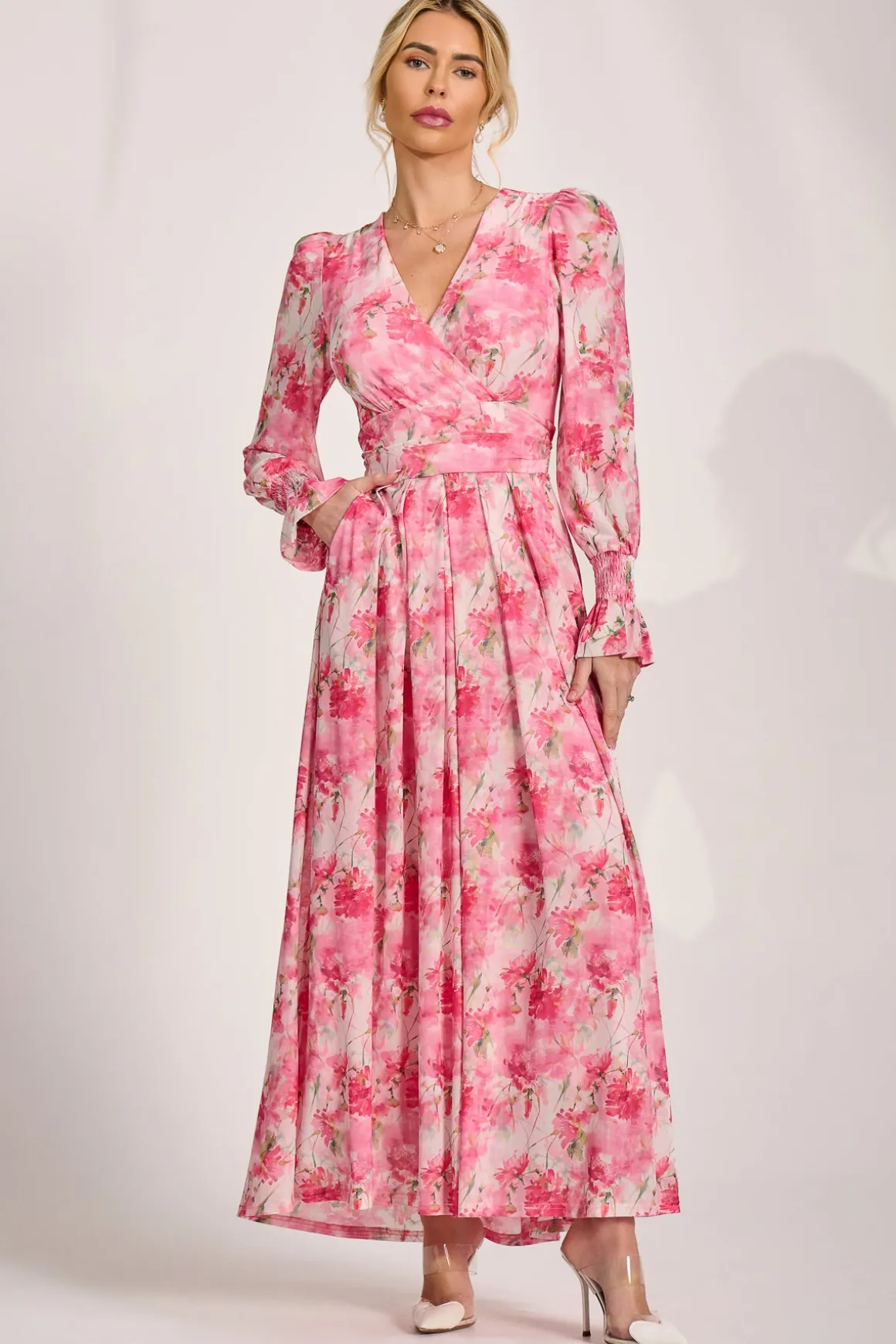 Long Sleeve Dip Hem Mesh Maxi Dress, Pink Floral