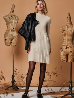 Long Sleeve Fit & Flare Knit Dress, Beige Heather