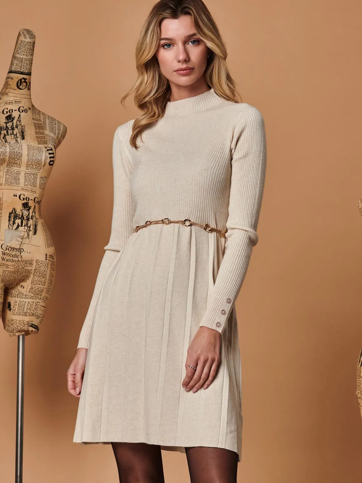 Long Sleeve Fit & Flare Knit Dress, Beige Heather