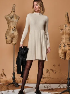 Long Sleeve Fit & Flare Knit Dress, Beige Heather