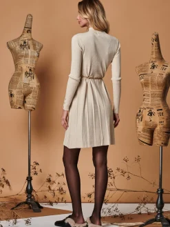 Long Sleeve Fit & Flare Knit Dress, Beige Heather