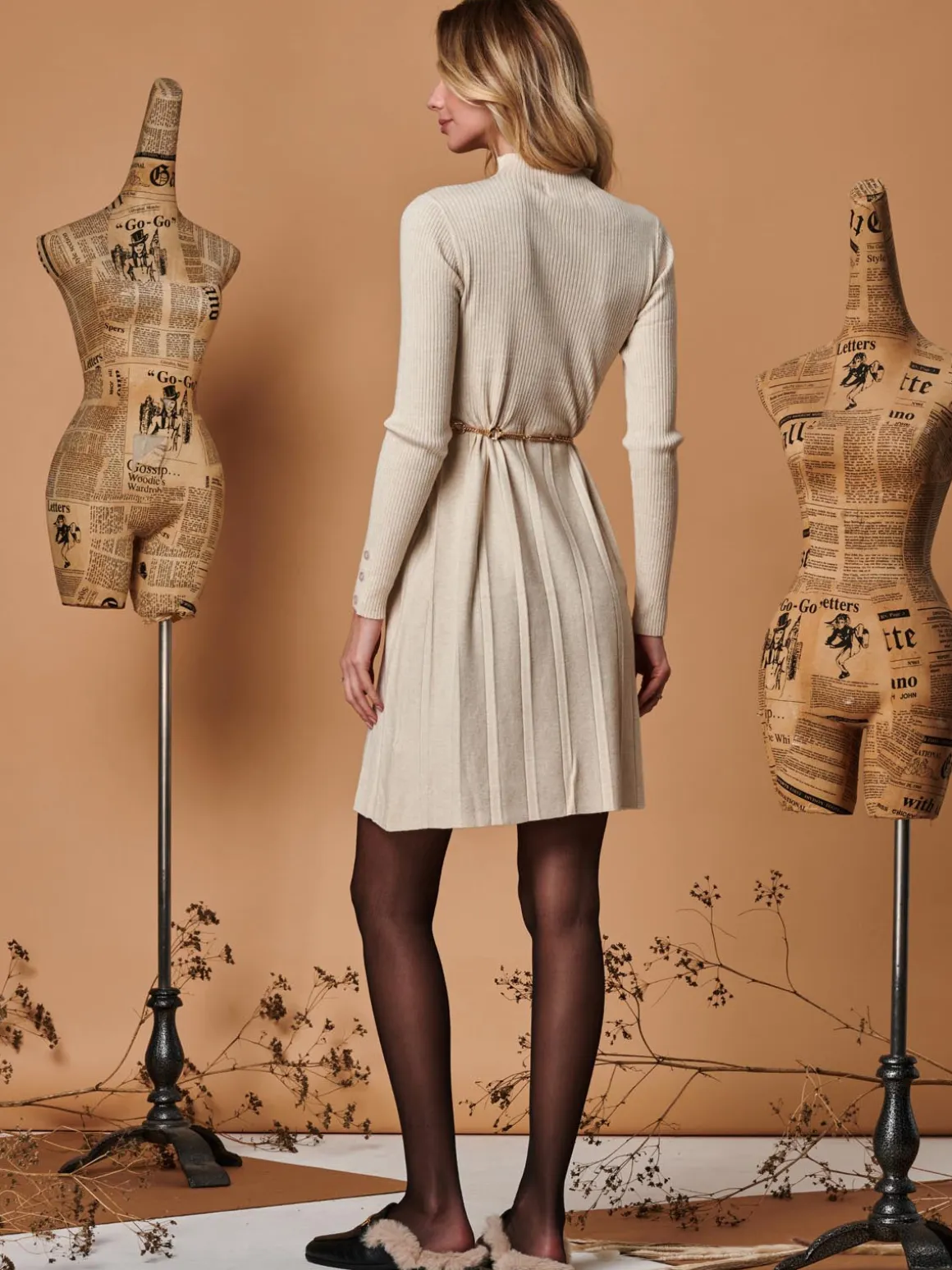 Long Sleeve Fit & Flare Knit Dress, Beige Heather