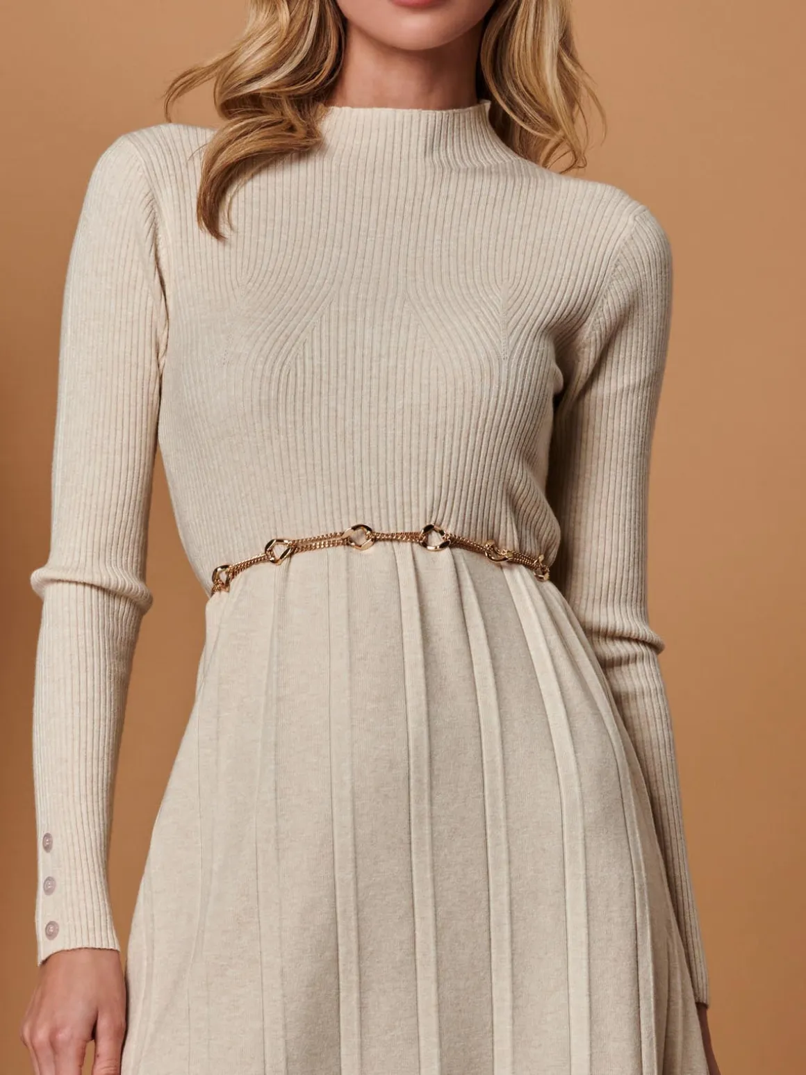 Long Sleeve Fit & Flare Knit Dress, Beige Heather
