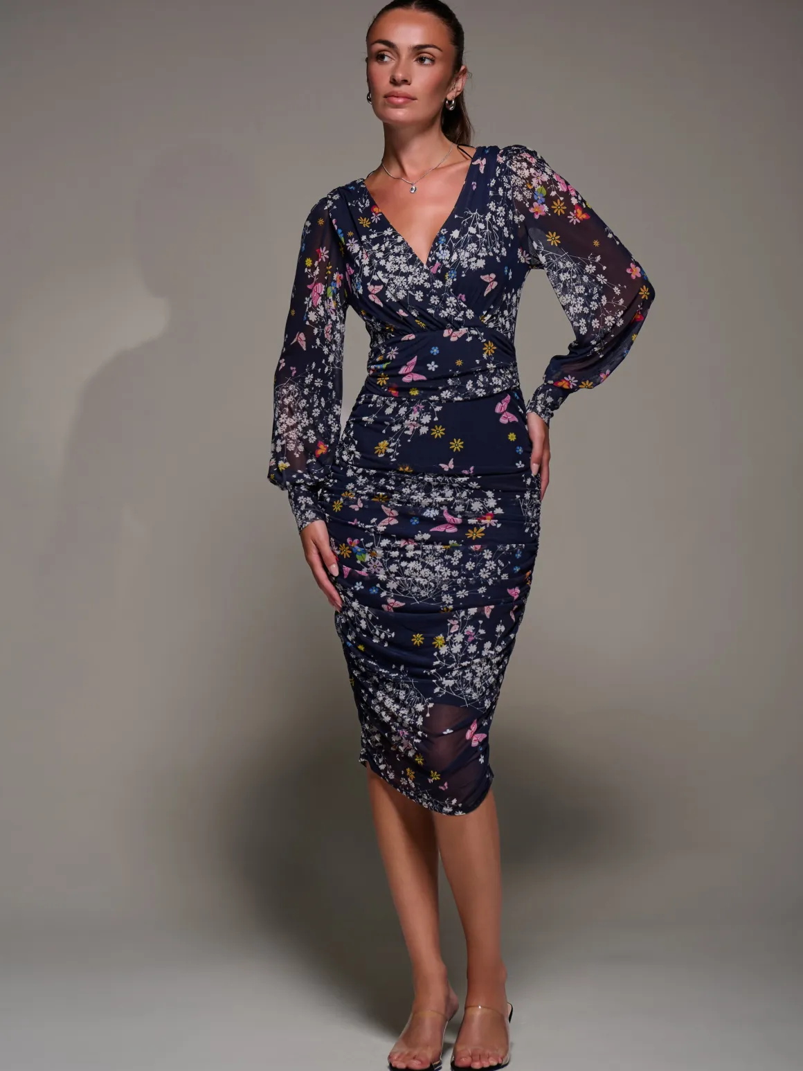 Long Sleeve Floral Mesh Dress, Navy Floral
