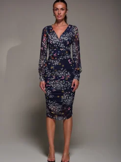 Long Sleeve Floral Mesh Dress, Navy Floral
