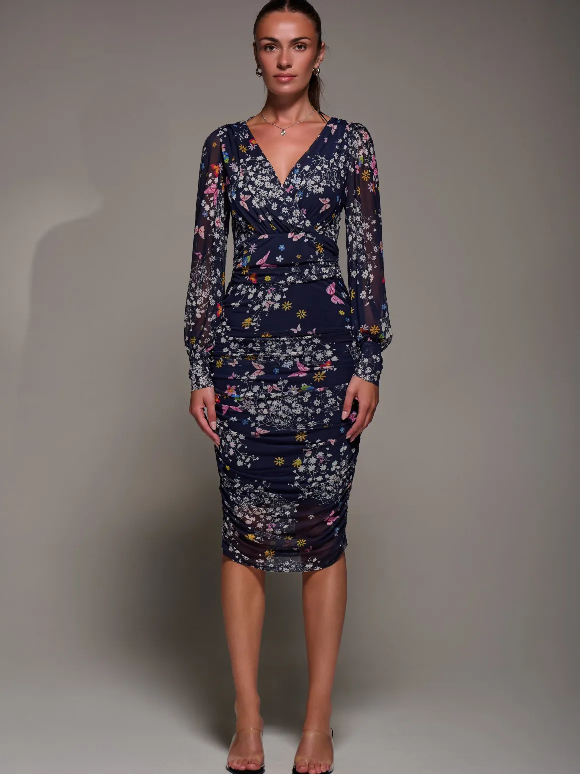 Long Sleeve Floral Mesh Dress, Navy Floral