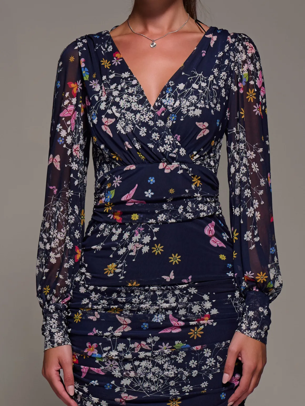 Long Sleeve Floral Mesh Dress, Navy Floral