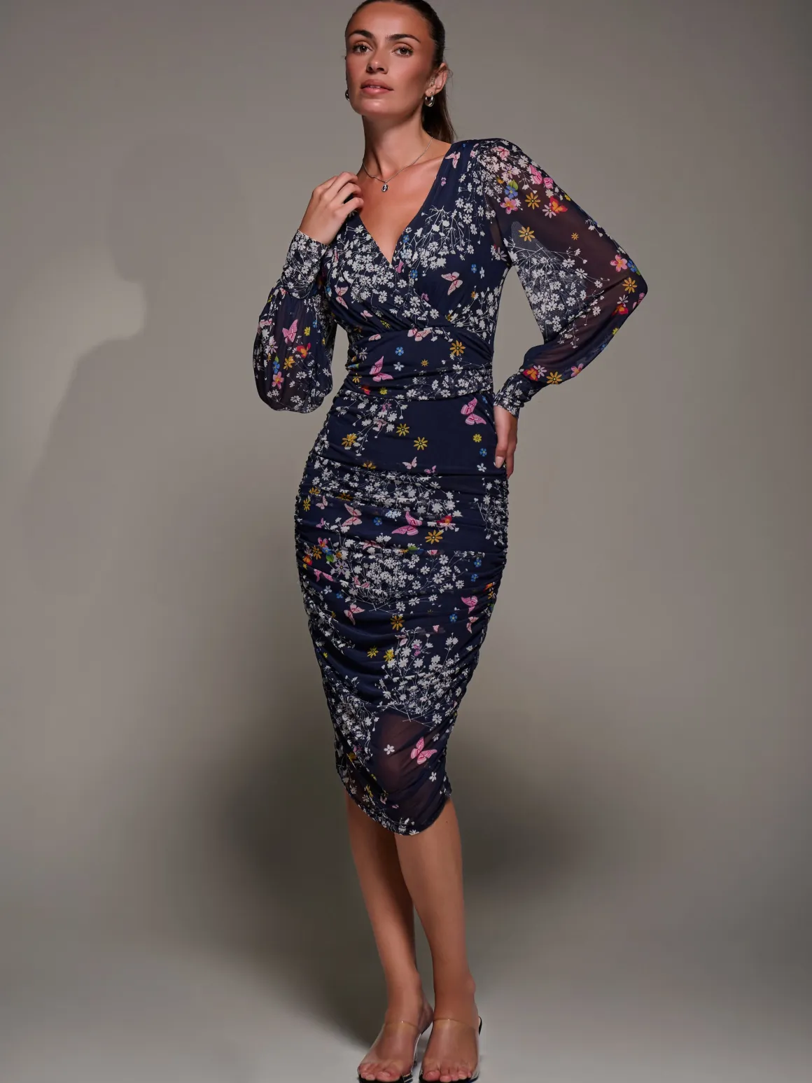 Long Sleeve Floral Mesh Dress, Navy Floral