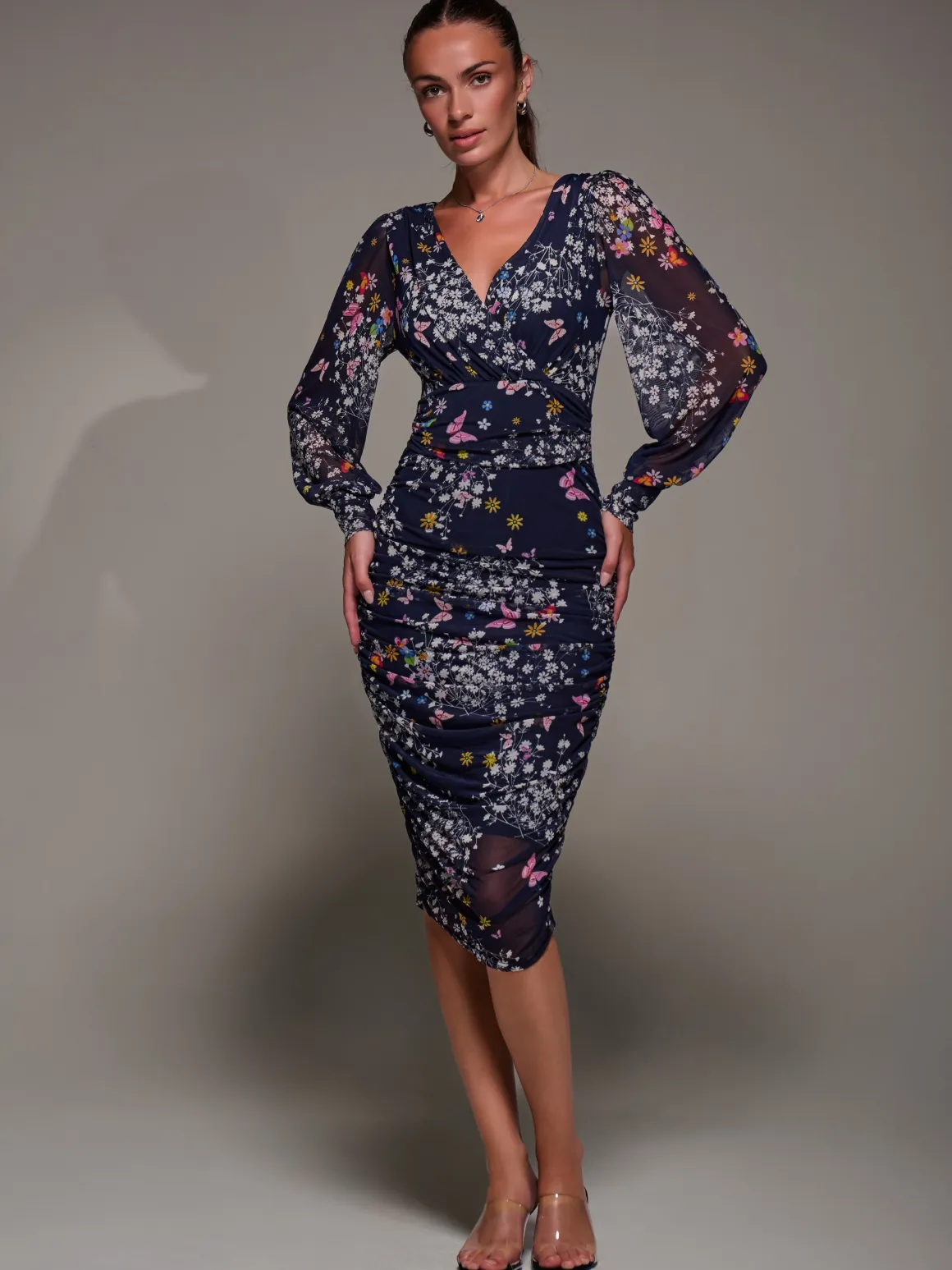 Long Sleeve Floral Mesh Dress, Navy Floral