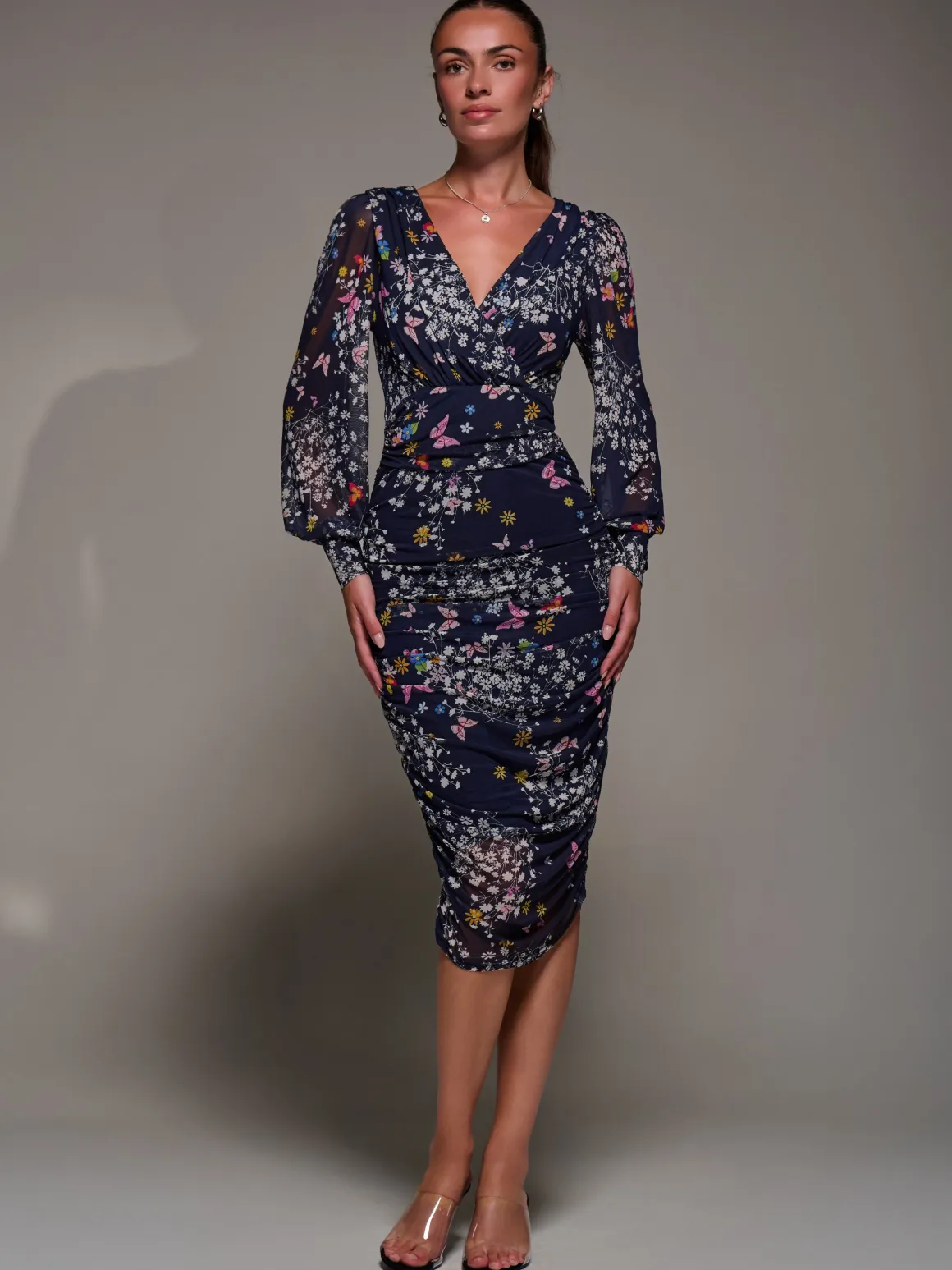 Long Sleeve Floral Mesh Dress, Navy Floral