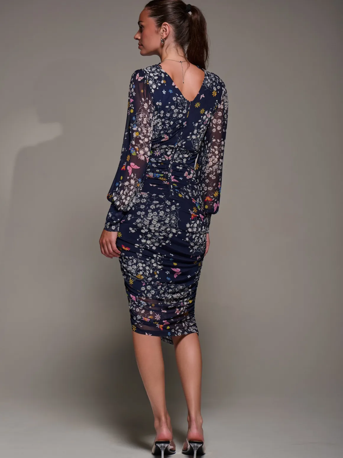 Long Sleeve Floral Mesh Dress, Navy Floral