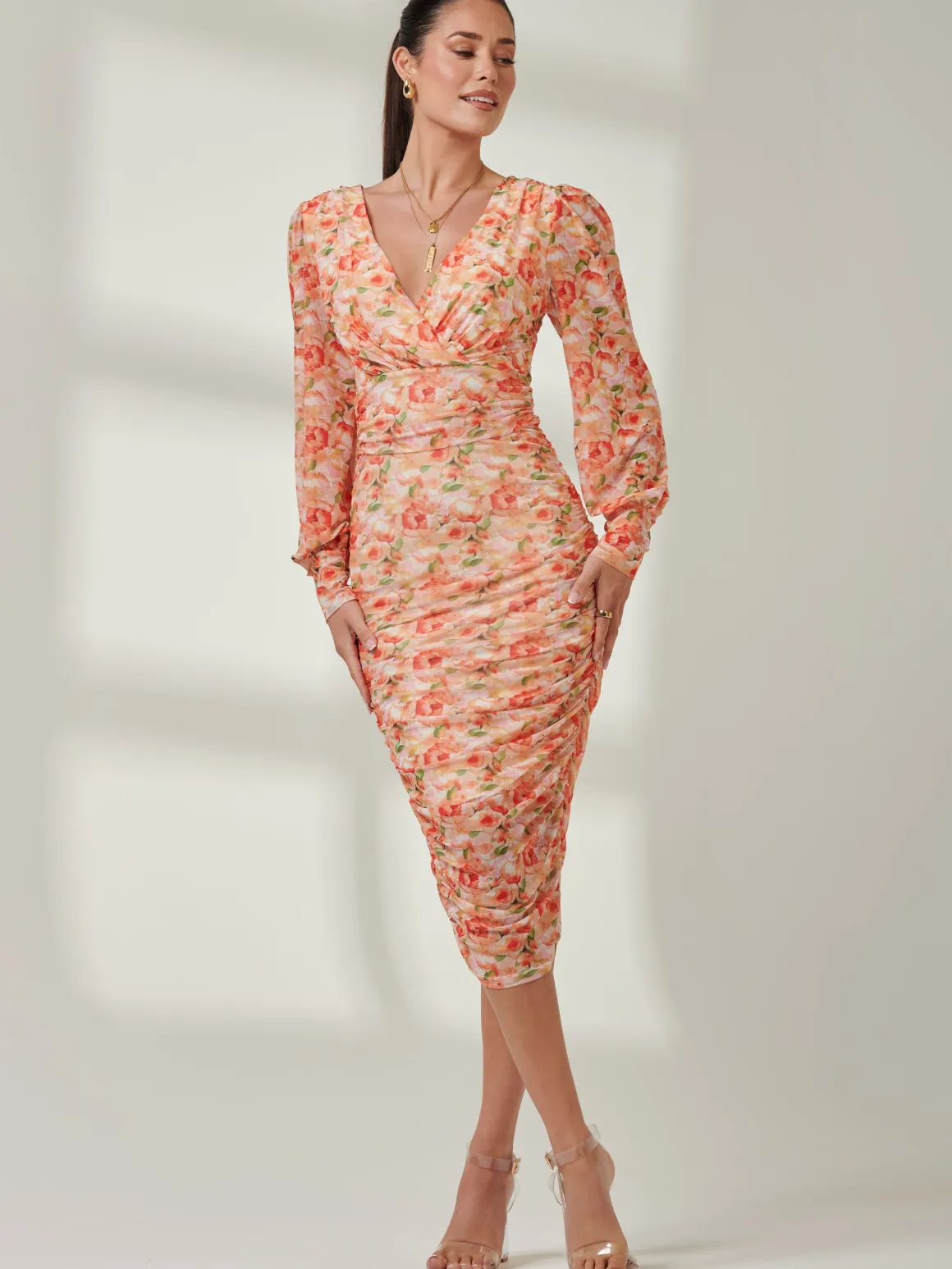 Long Sleeve Floral Mesh Dress, Orange Multi