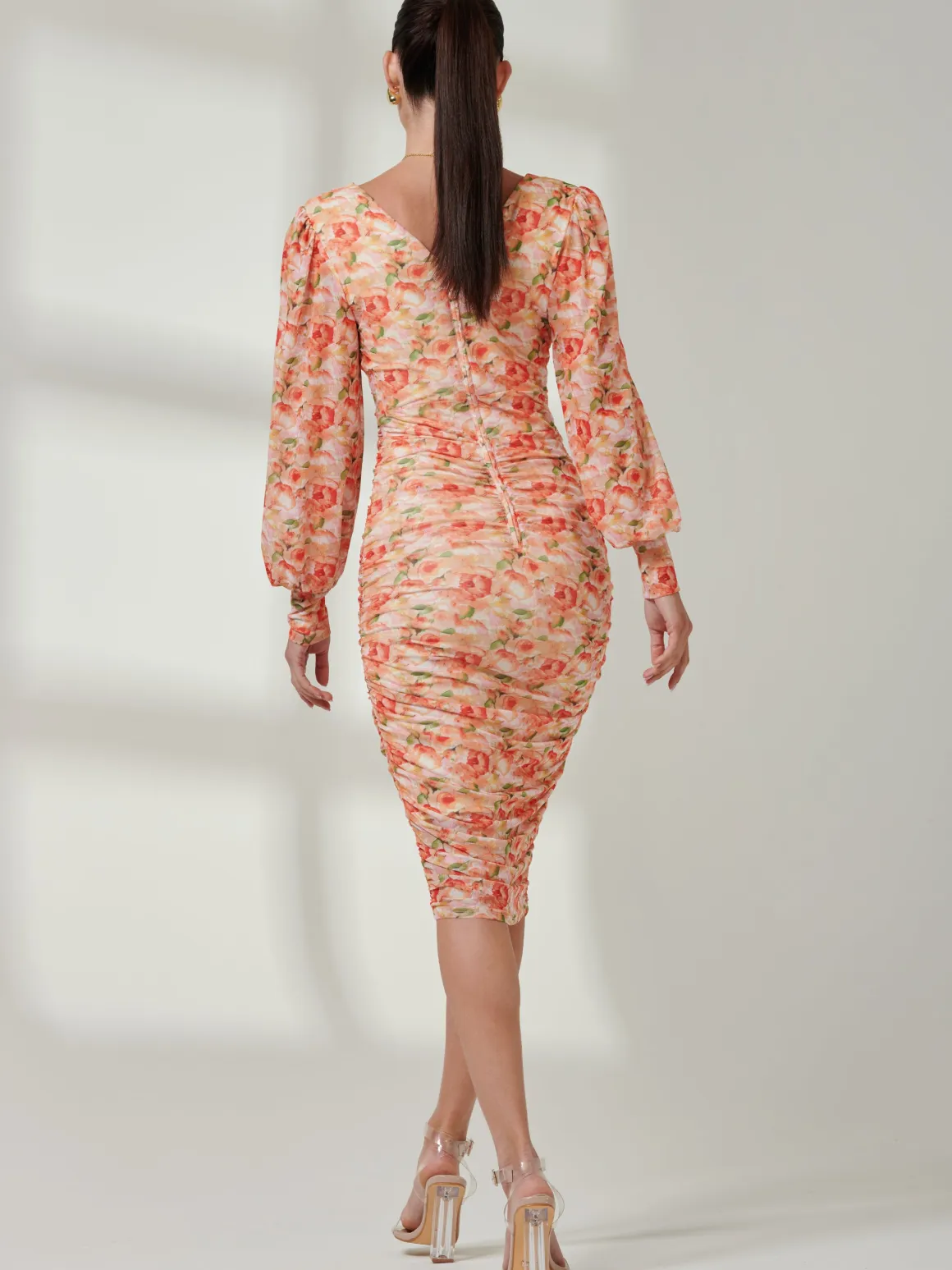 Long Sleeve Floral Mesh Dress, Orange Multi