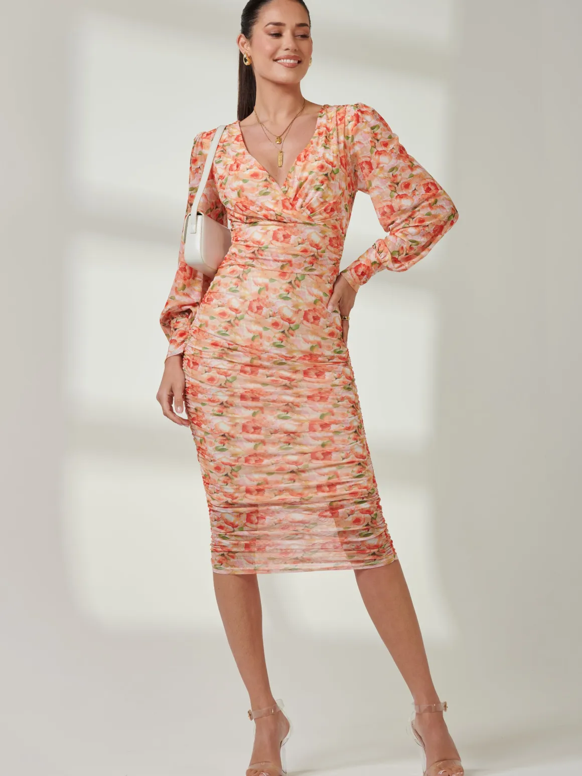 Long Sleeve Floral Mesh Dress, Orange Multi