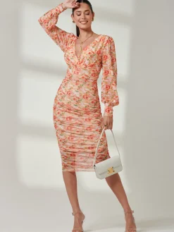 Long Sleeve Floral Mesh Dress, Orange Multi