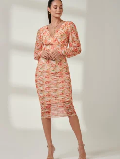 Long Sleeve Floral Mesh Dress, Orange Multi