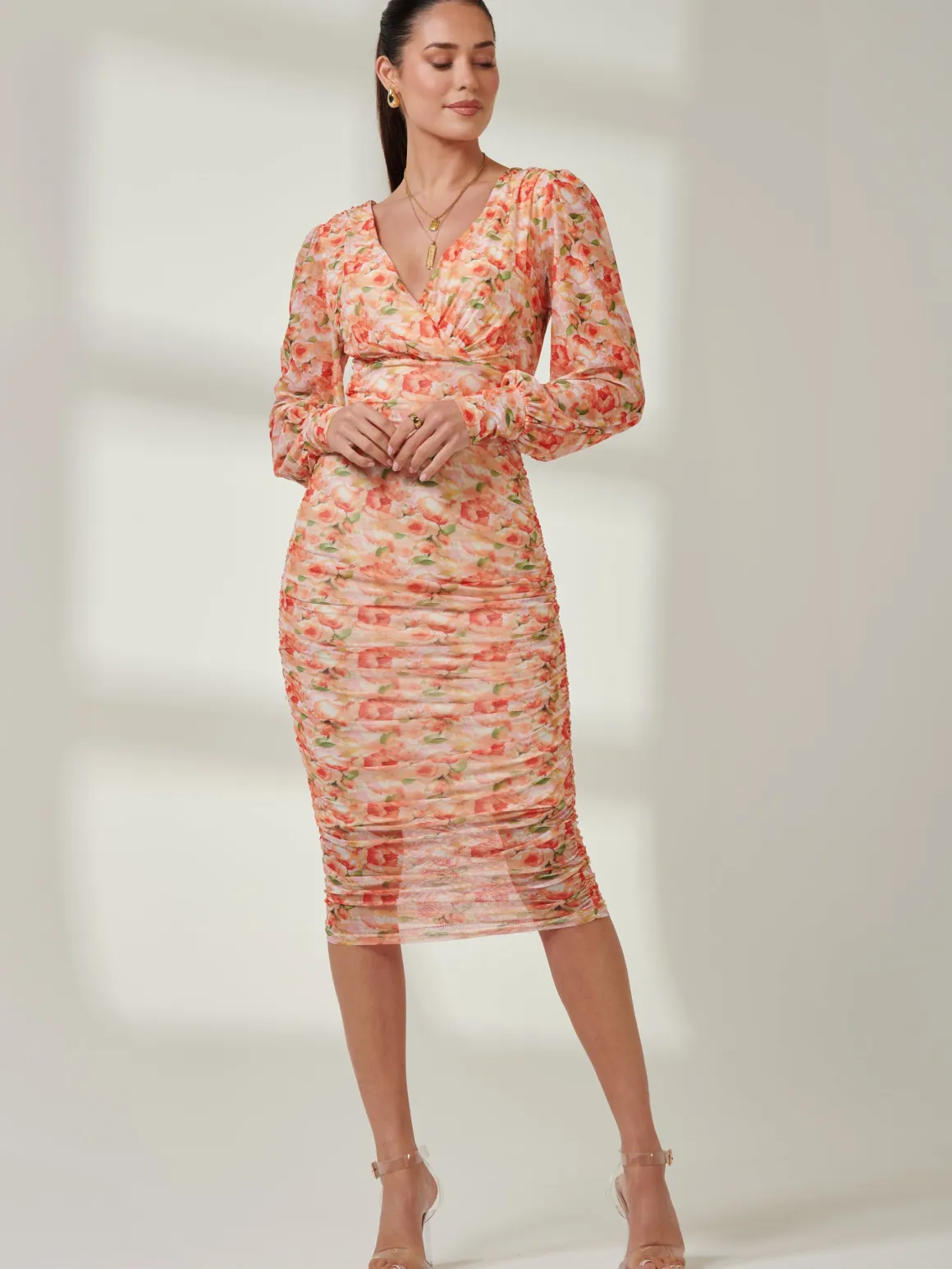Long Sleeve Floral Mesh Dress, Orange Multi