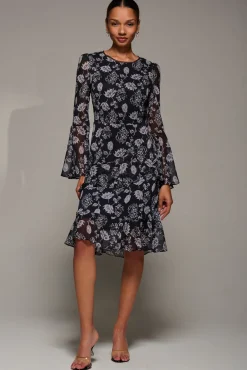 Long Sleeve Frill Chiffon Knee-Length Dress, Black Floral