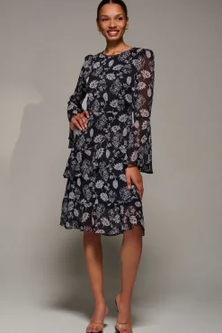 Long Sleeve Frill Chiffon Knee-Length Dress, Black Floral