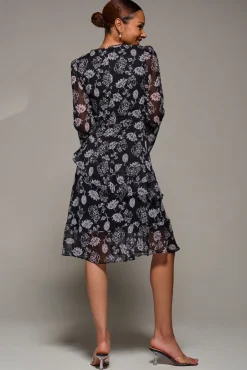 Long Sleeve Frill Chiffon Knee-Length Dress, Black Floral