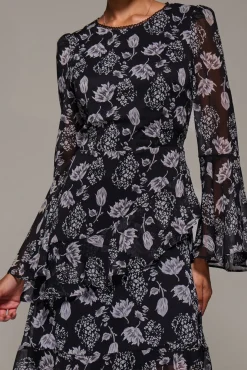 Long Sleeve Frill Chiffon Knee-Length Dress, Black Floral