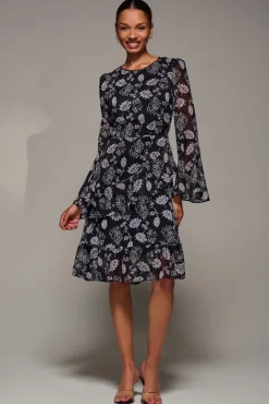 Long Sleeve Frill Chiffon Knee-Length Dress, Black Floral