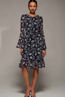 Long Sleeve Frill Chiffon Knee-Length Dress, Black Floral