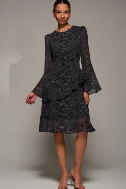 Long Sleeve Frill Chiffon Knee-Length Dress, Black Spot