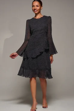 Long Sleeve Frill Chiffon Knee-Length Dress, Black Spot