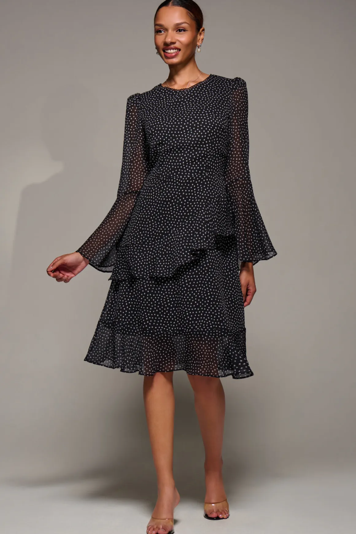 Long Sleeve Frill Chiffon Knee-Length Dress, Black Spot