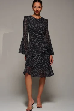 Long Sleeve Frill Chiffon Knee-Length Dress, Black Spot