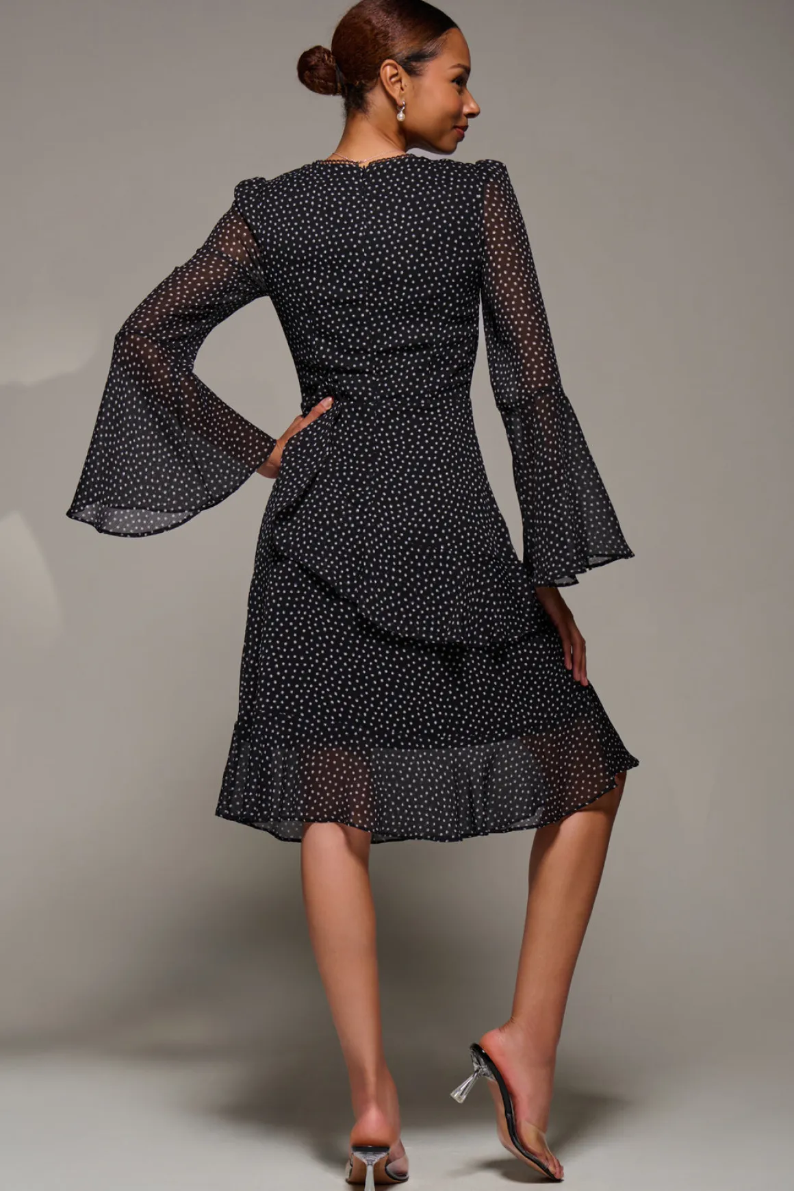 Long Sleeve Frill Chiffon Knee-Length Dress, Black Spot