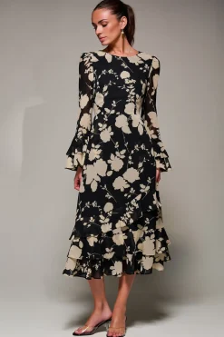 Long Sleeve Frill Chiffon Midaxi Dress Black Floral