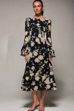 Long Sleeve Frill Chiffon Midaxi Dress Black Floral