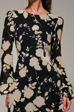 Long Sleeve Frill Chiffon Midaxi Dress Black Floral